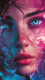 Shattered neon gaze with electric blue eyes and soft glow.