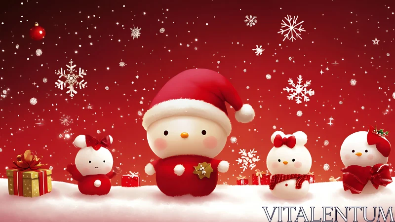 Cute snowman characters in red Christmas holiday scene.