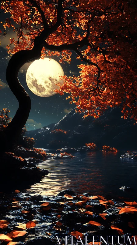 Curved tree frames full moon above reflective lakeside surface