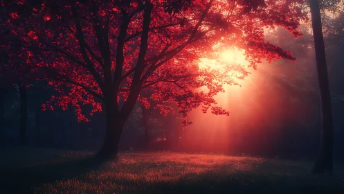 Crimson sunlit tree sipping dawnfire in a misty grove.
