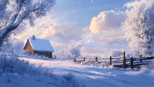 Snowy cabin trail winding through a peaceful winter dawn.