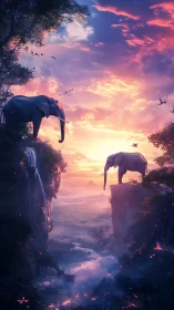 Gentle elephants share a dreamy sunset above misty cliffs