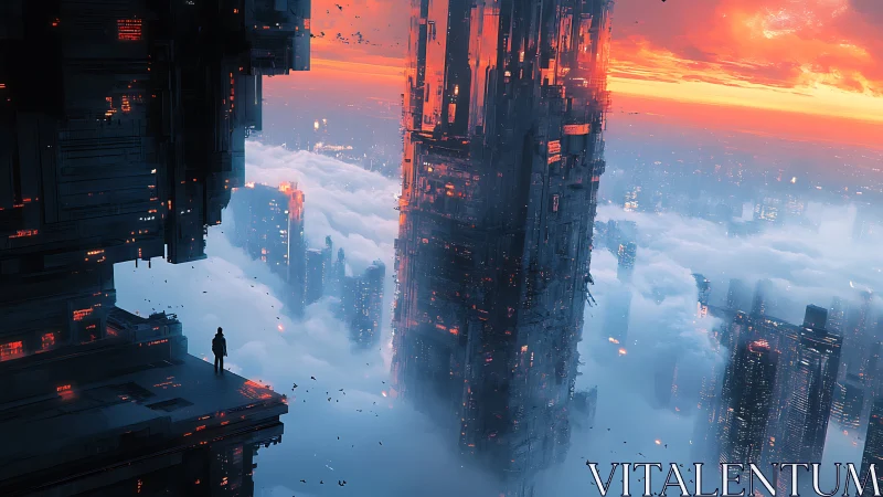 Lone watcher above ember-lit megatowers at cloudline dusk.