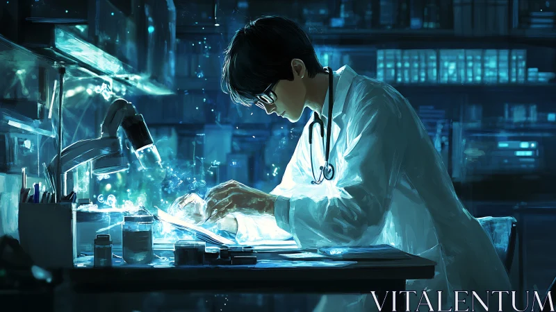 Researcher studies glowing specimen in dim laboratory