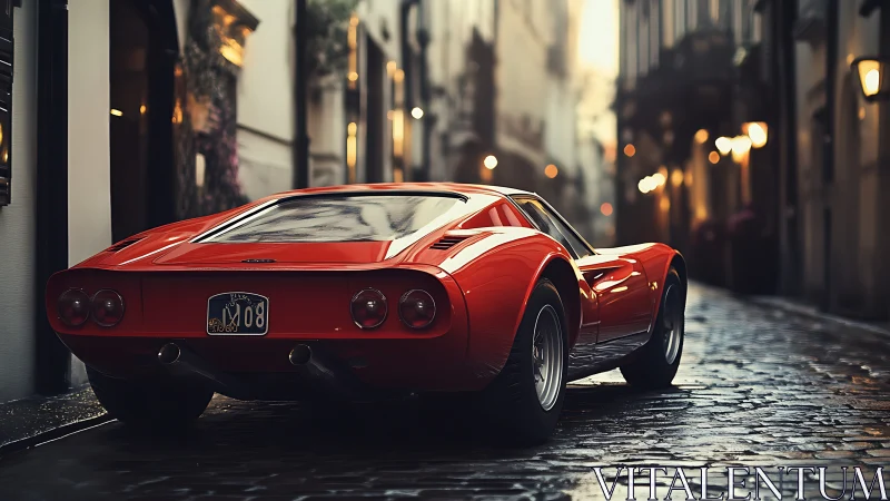 Sleek red sports car glows warmly on a quiet cobbled street