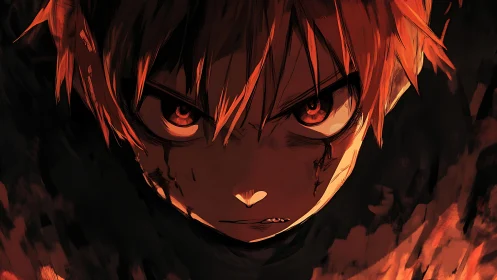 Intense anime portrait with fiery rim light and shadows.