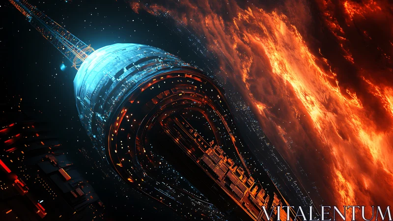 Stellar orbital tower skimming a blazing cosmic storm.