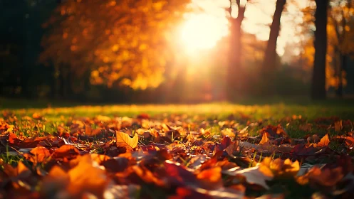 Golden autumn sunlight pours gently over fallen leaves