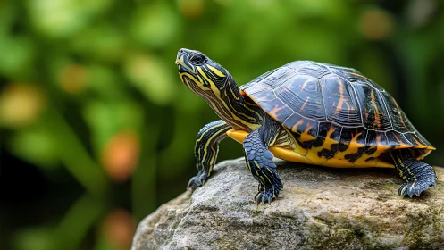 Turtle on sunlit rock with green blurred background.