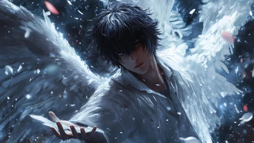 Dark winged angel reaches through swirling storm of feathers