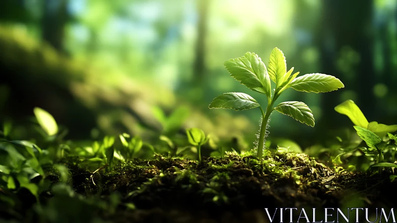 Young plant sprouting in sunlit forest, vibrant natural scene.
