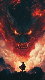 Stormlit samurai defies a colossal fireborn demon skyward