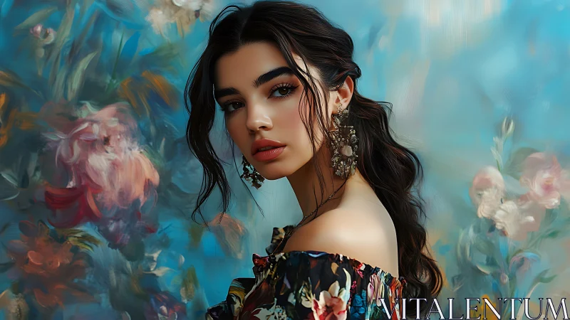 Digital portrait of woman against soft-focus floral bokeh background