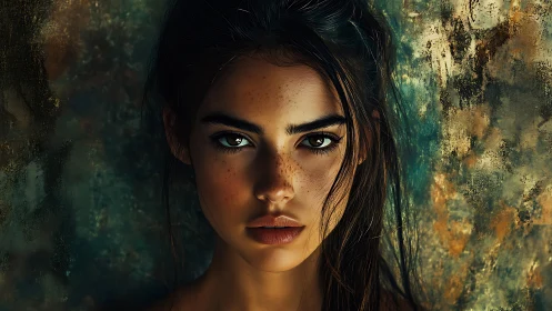 Freckled gaze against weathered wall, storm-quiet intensity.