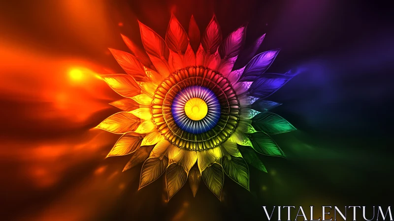 Radiant rainbow bloom spinning through a glowing dreamscape.