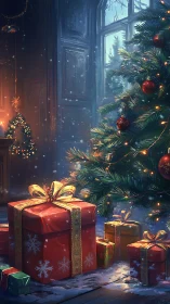 Twinkling Christmas tree guards gift-wrapped winter wishes.