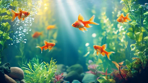 Goldfish school illuminated by volumetric rays in planted tank