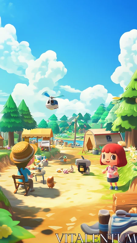 Pastoral Campsite Rendering: Digital Landscape with Anthropomorphic Characters.