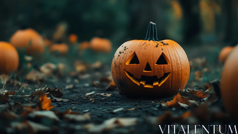 Jack-o-lantern grins on a leaf-strewn forest path at dusk.