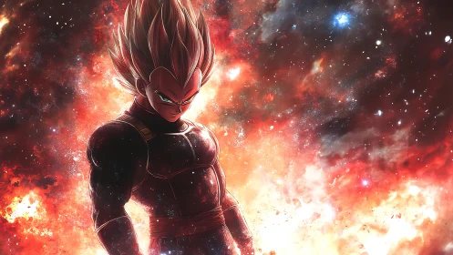 Saiyan warrior silhouette within explosive cosmic energy field.