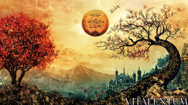 Fantasy city framed by ornate trees under calligraphic sun