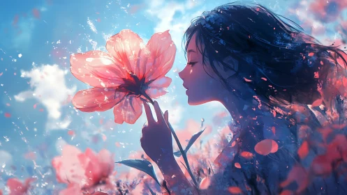 Side profile girl inhaling translucent pink flower at dawn