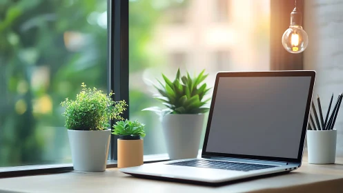 Sunny home office desk blends greenery with modern tech