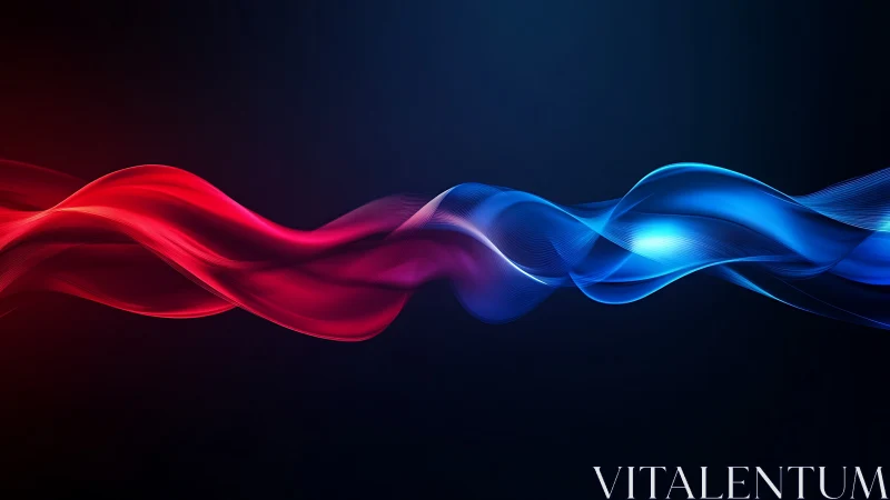 Red and blue neon waves flow across deep navy background.