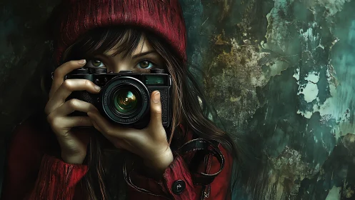 Curious girl with camera capturing quiet city moments.