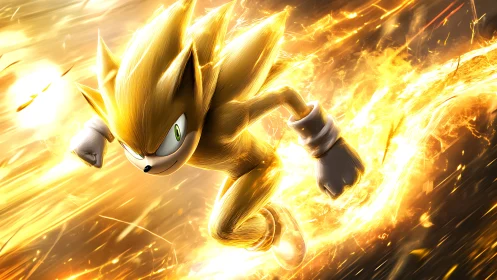 Blazing golden hero dashes forward wrapped in radiant light