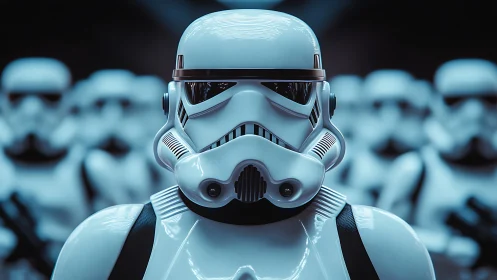 Stormtrooper helmet stands out amid uniform sci‑fi ranks.