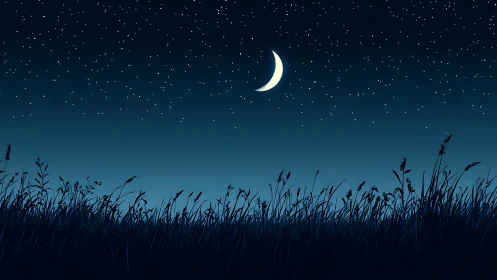 Crescent moon hangs over quiet field beneath starlit sky