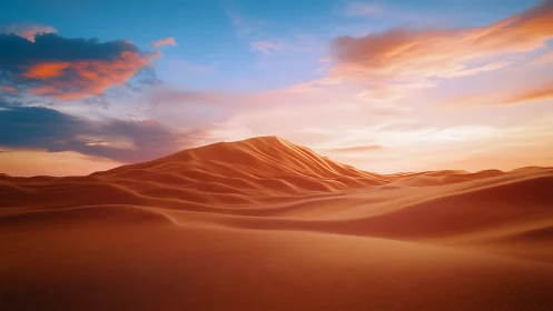 Sunlit desert dunes curve under vivid pastel sunset sky