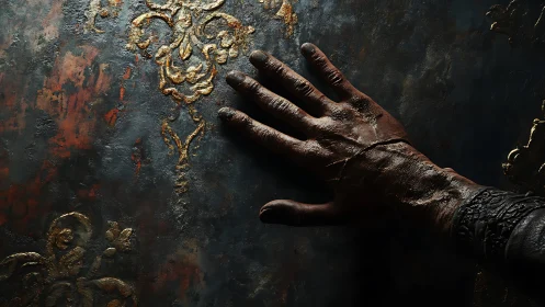 Weathered hand tracing gilded secrets on dark patinaed wall.