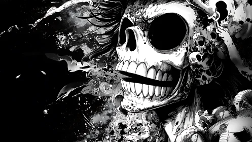 Monochrome demonic skull eruption with splatter dynamics.