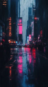Neon rain transforms a quiet city street into glowing color