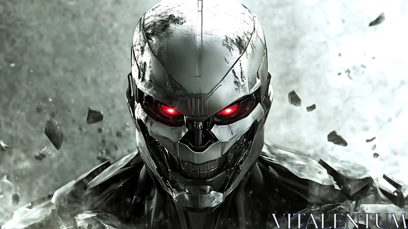 Cybernetic skull stares forward with blazing red eyes.