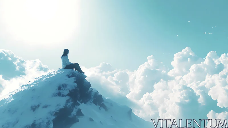 Digital painting of lone figure on icy summit in cloudscape.