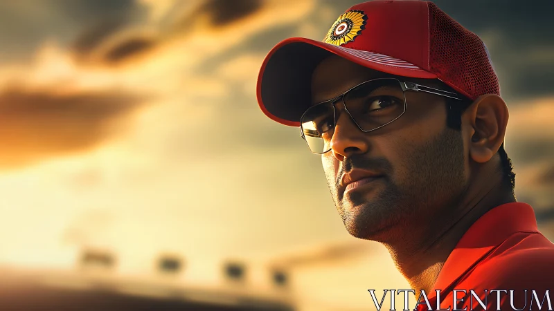 Intense cricketer in red cap under glowing sunset sky.