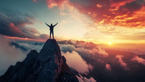 Person standing on mountain summit above clouds at sunrise.