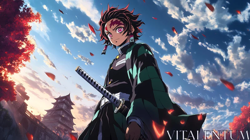 Anime swordsman under vivid sky with falling red leaves.
