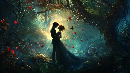 Silhouetted figures in bioluminescent forest setting.