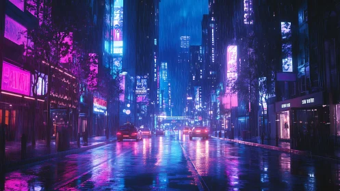 Neon soaked city street glows under a moody midnight rain