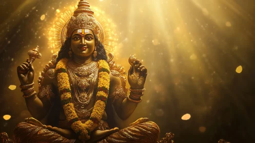 Golden Hindu deity statue glows under radiant sunbeams