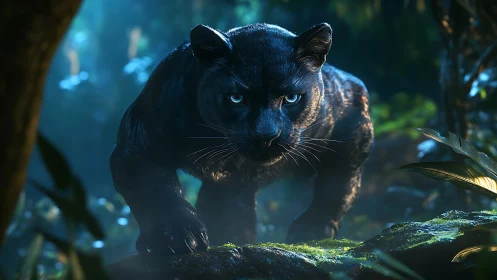 Black Panther Emerges Through Forest Mist.