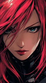 Red haired anime woman stares forward with intense focus