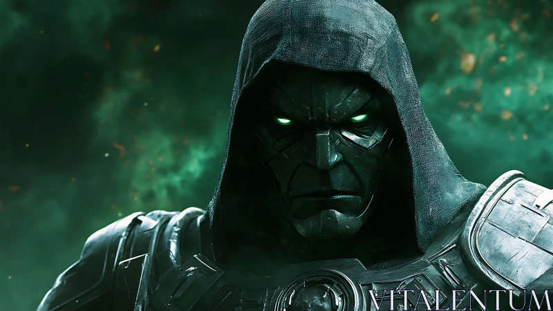 Brooding techno-warlock with emerald stormfire gaze.