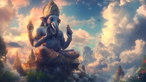 Majestic sky-temple Ganesha statue glows above misty clouds
