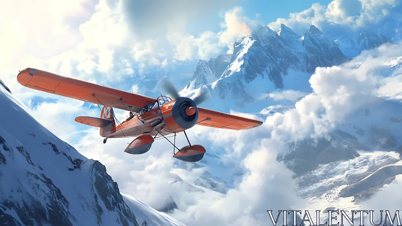 Bright orange bush plane exploring sunlit snowy peaks.
