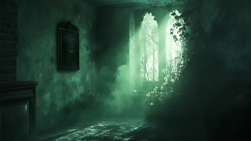 Abandoned green chamber with misty overgrown window light.